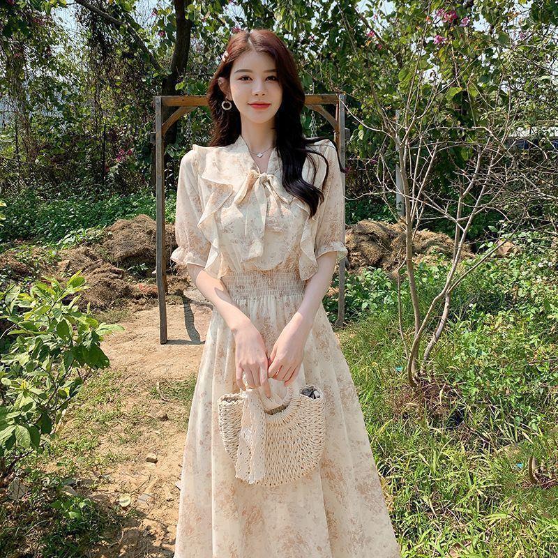 Summer French Style Floral Midi Dress - Waist-Cinched, Slimming, Elegant Temperament