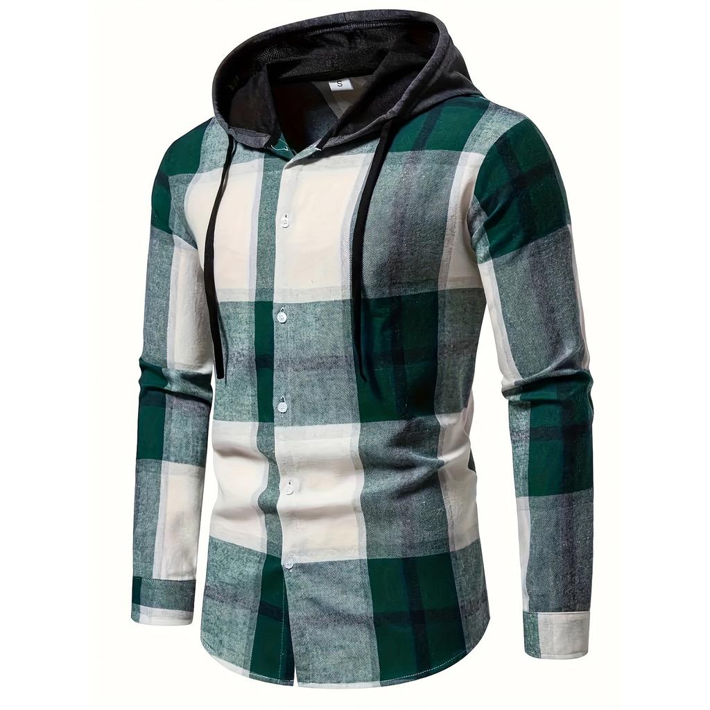 Men's Striped Plaid Casual Loose Button Lapel Long Sleeve Hooded Cardigan Shirt Jacket