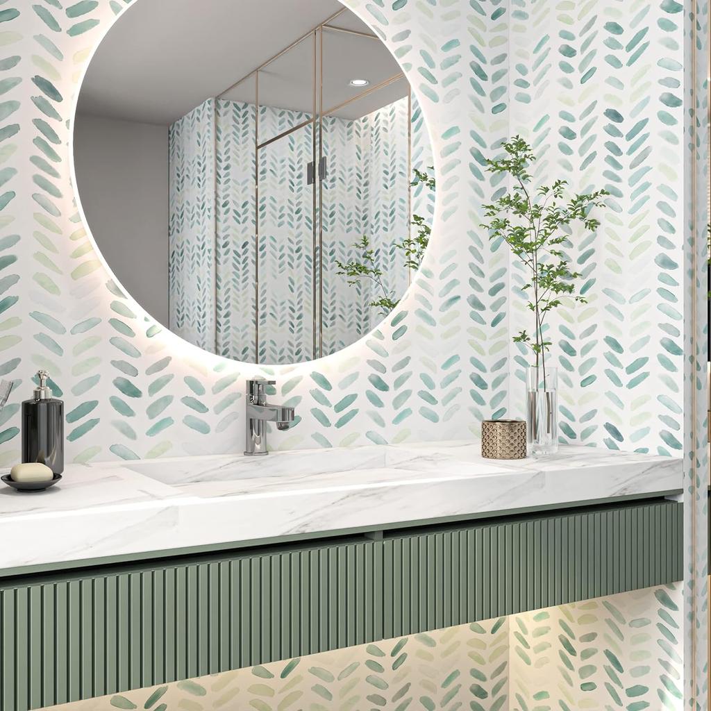 Papel de Parede Verde Branco Papel de Parede Descascar e Colar Papel Contacto Boho para Armários Papel de Parede de Folhas para Quarto Autocolantes Autocolantes
