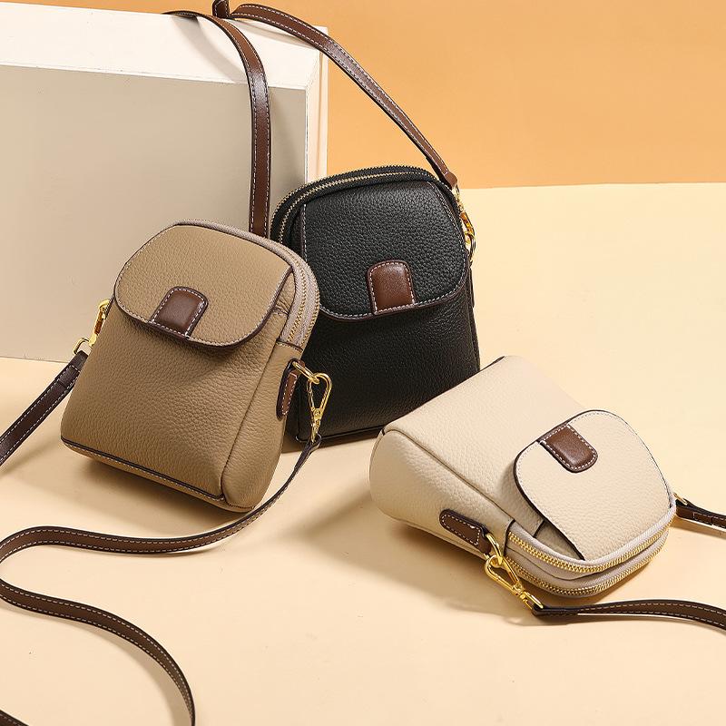 Head Layer Cowhide Women's Bag, Mobile Phone Bag, Women's Genuine Leather Crossbody Bag, Fashionable Multi Compartment Shoulder Bag