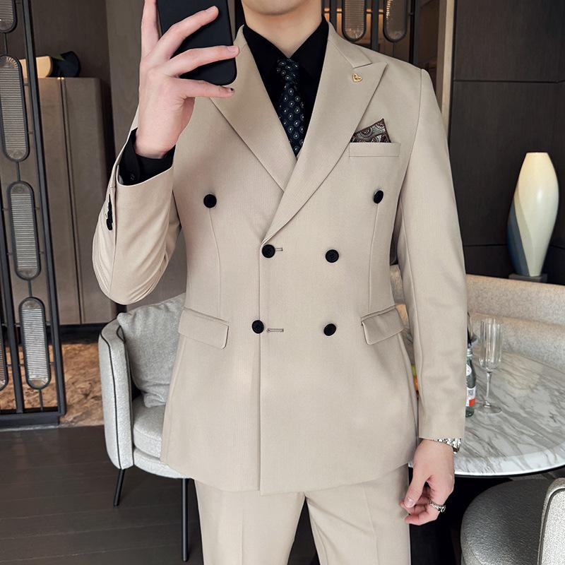 Herren Langarm Schleifenhals Zweireiher Anzug, High-End Business Casual einfarbiger Anzug