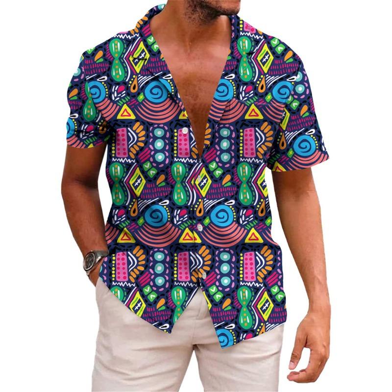 Hawaiian Mens Shirts Lapel Short-Sleeved Shirt Mexican Style Clothing Casual Loose Button-Down Shirt Mens Clothes Harajuku Tops