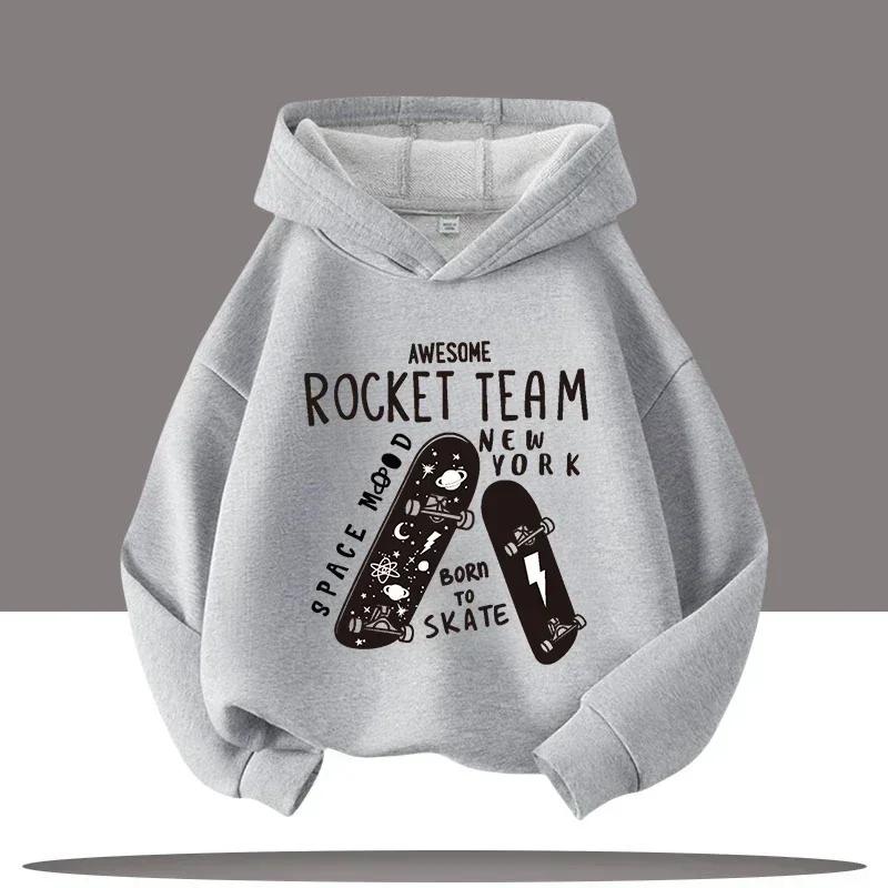 Best-selling fall-winter children's skateboarding pattern double-sided printed hooded shirt, stylish boys' and girls' top