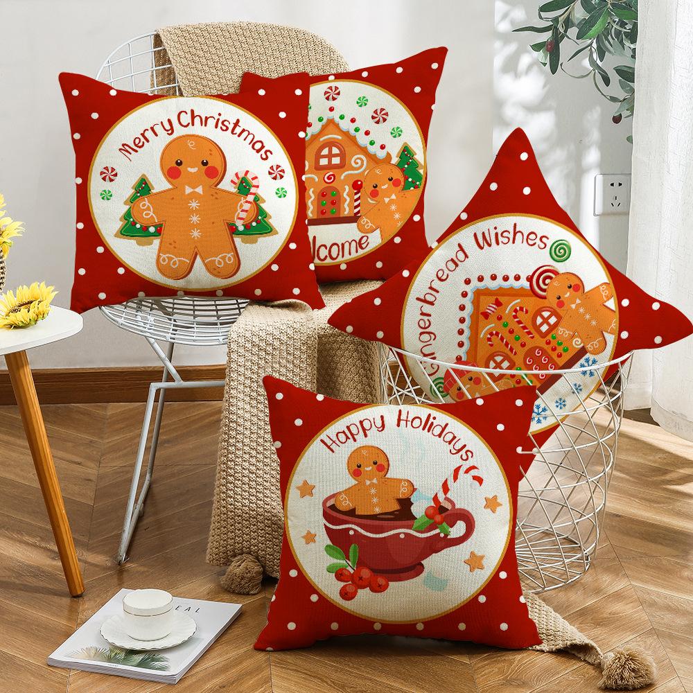 Christmas Cookie House Gingerbread Man Fairy Tale Style Red Warm Home Decoration Sofa Pillow Cover