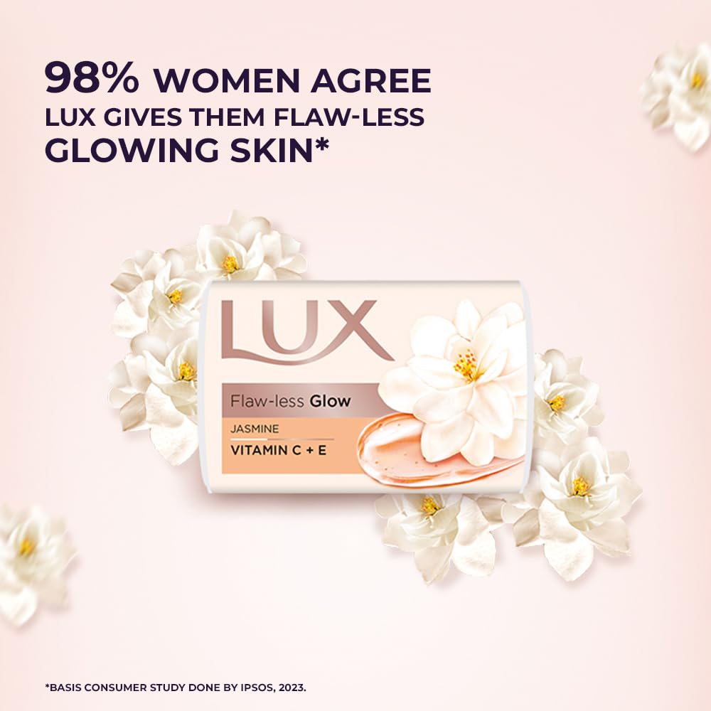 Lux Flaw-Less Glow Bathing Soap For Soft Smooth Glowing Skin With Jasmine Fragrance And Vitamin Enriched Formula 150g X 3 Pack