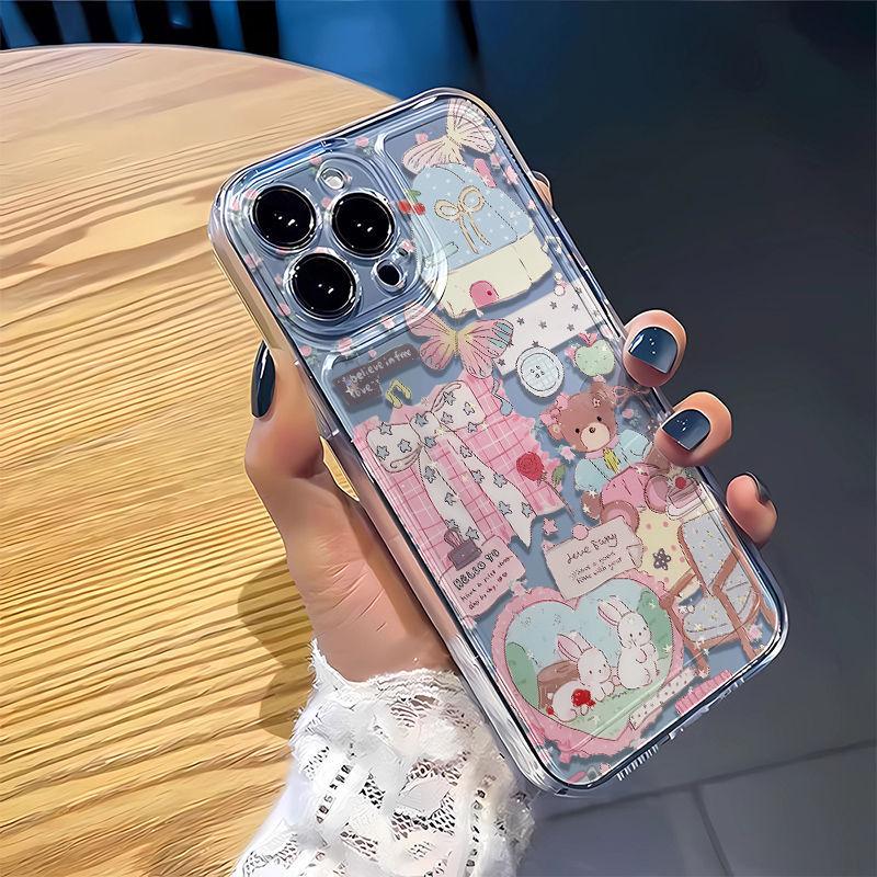 Transparent Space Heart Mushroom Rabbit Phone Case for iPhone 16/15/14/13 Pro Max