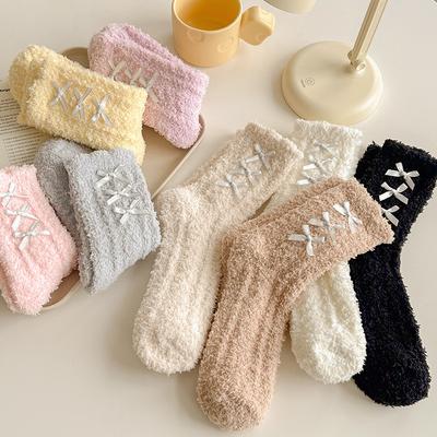 Winter Autumn Warm Fluffy Fuzzy Bowknot Socks Thick Thermal Soft Kawaii Middle Socks Coral Woman Fleece Floor Sleep Socks