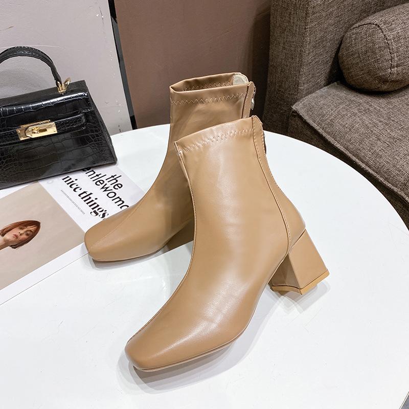New Women'S Boots Winter Korean Edition Square Head Rear Zipper Short Boots Women'S Thick Heel Middle Heel Boots Children