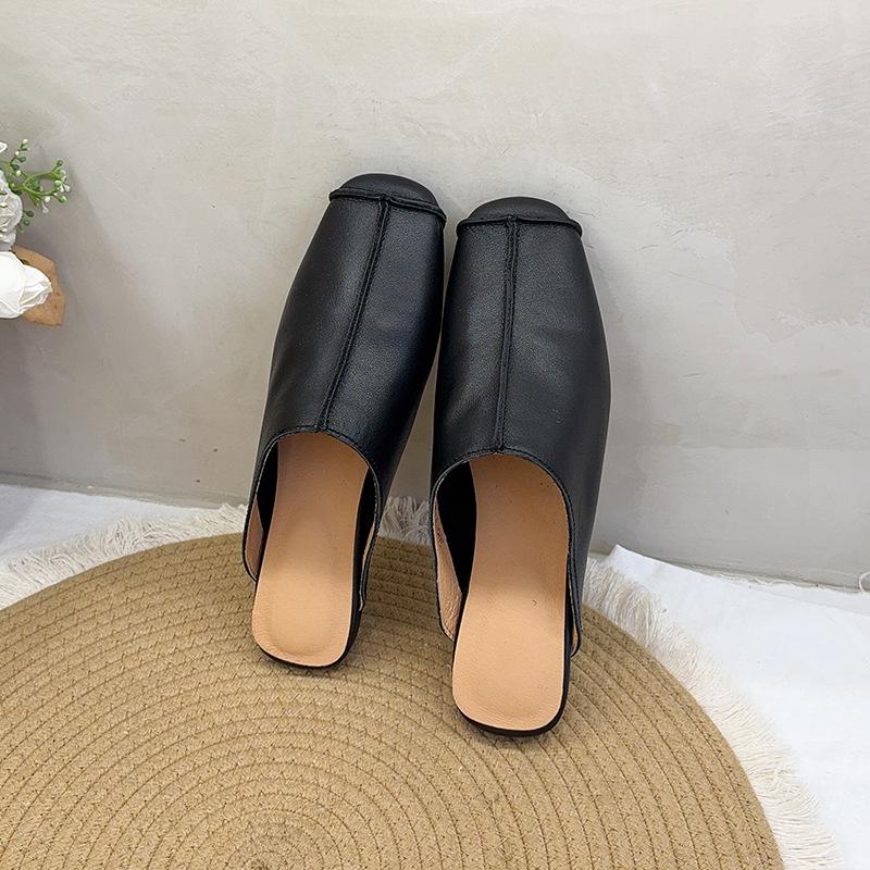 Johnature Retro Splicing Šití Ploché Pantofle Kulatá Špička Pravá Kůže Měkká Podrážka Jednobarevné Dámské Boty