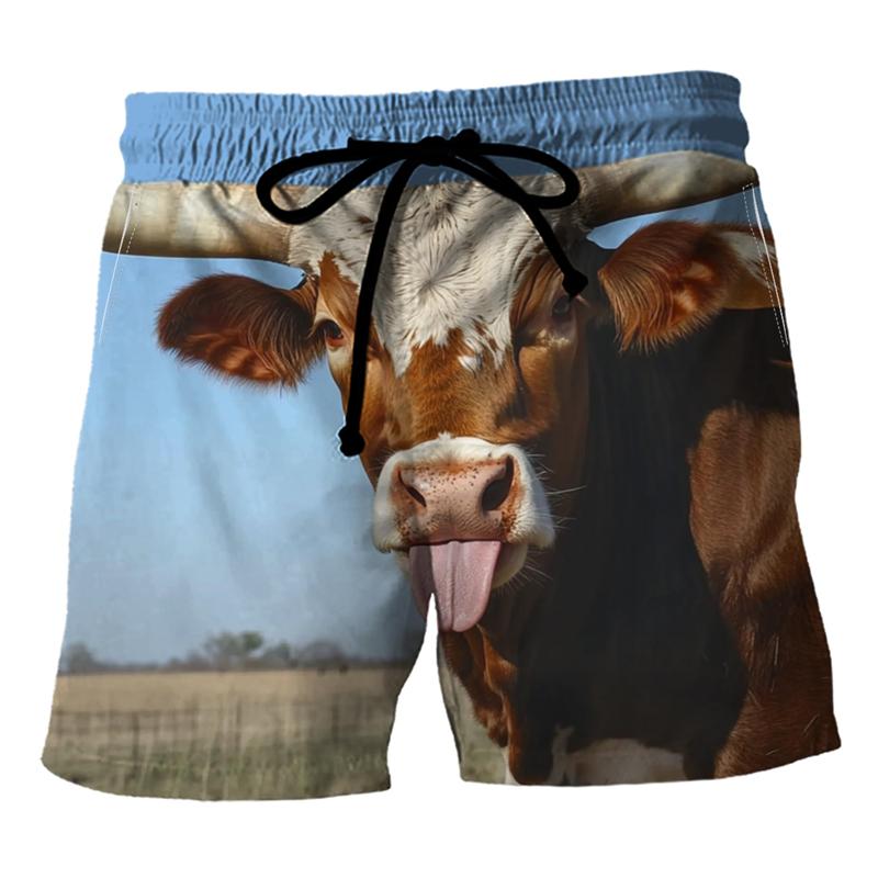 Funny Cows Pattern Beach Shorts Fashion Summer Vacation 3D Animals Printed Mens Board Shorts Casual Breathable Loose Swim Trunks