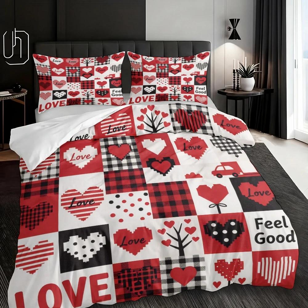3 Piece Set Love Grid Valentine's Day Decoration Quilt Set,Including 1 Duvet Cover and 2 Pillowcases(excluding Padding)