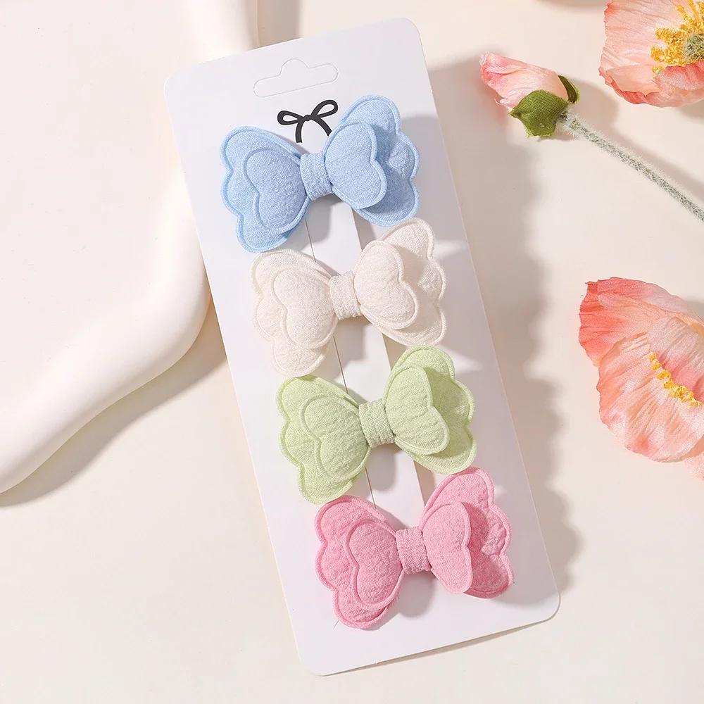 4Pcs/set Double Layered Bows Hair Clip Set for Baby Girls Cute Candy Colored Bangs Hair Pin Cotton Children's Hair Accessories