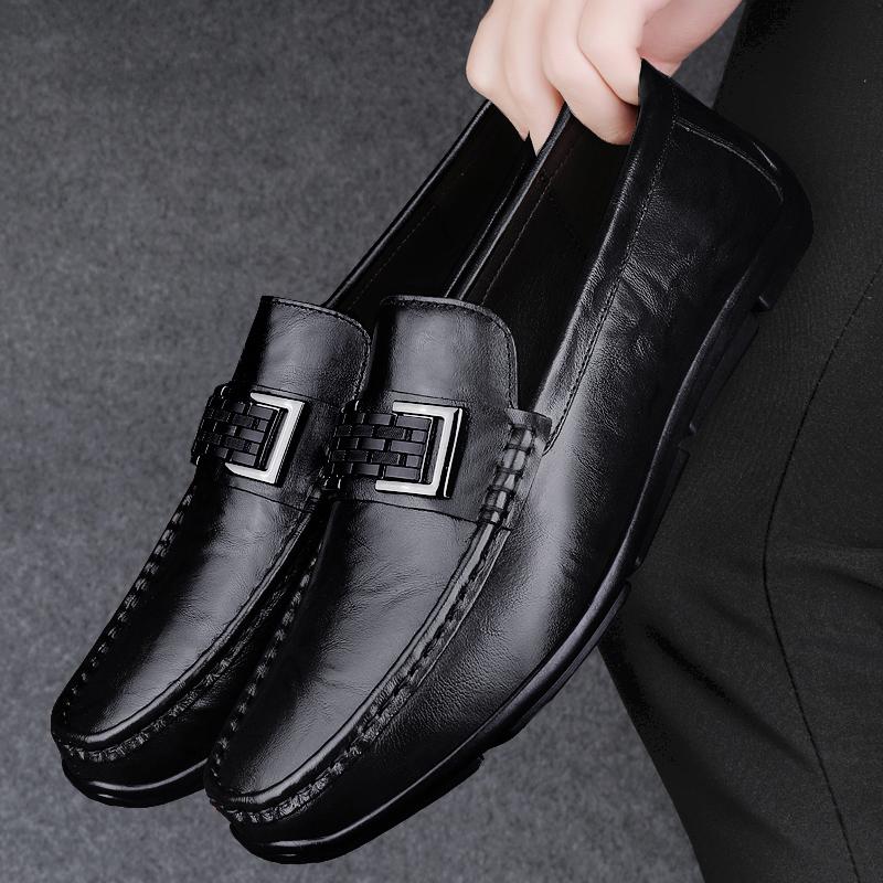 Fashion Advanced Texture Lightweight Genuine Leather Men's Formal Leather Shoes Handmade Soft Comfortable Non-slip Casual Men Bean Shoes