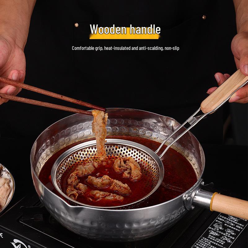 Wooden Handle Stainless Steel Perforated Oil Skimmer Ladle for Dumplings and Noodles - Thickened Frying Spoon Strainer.