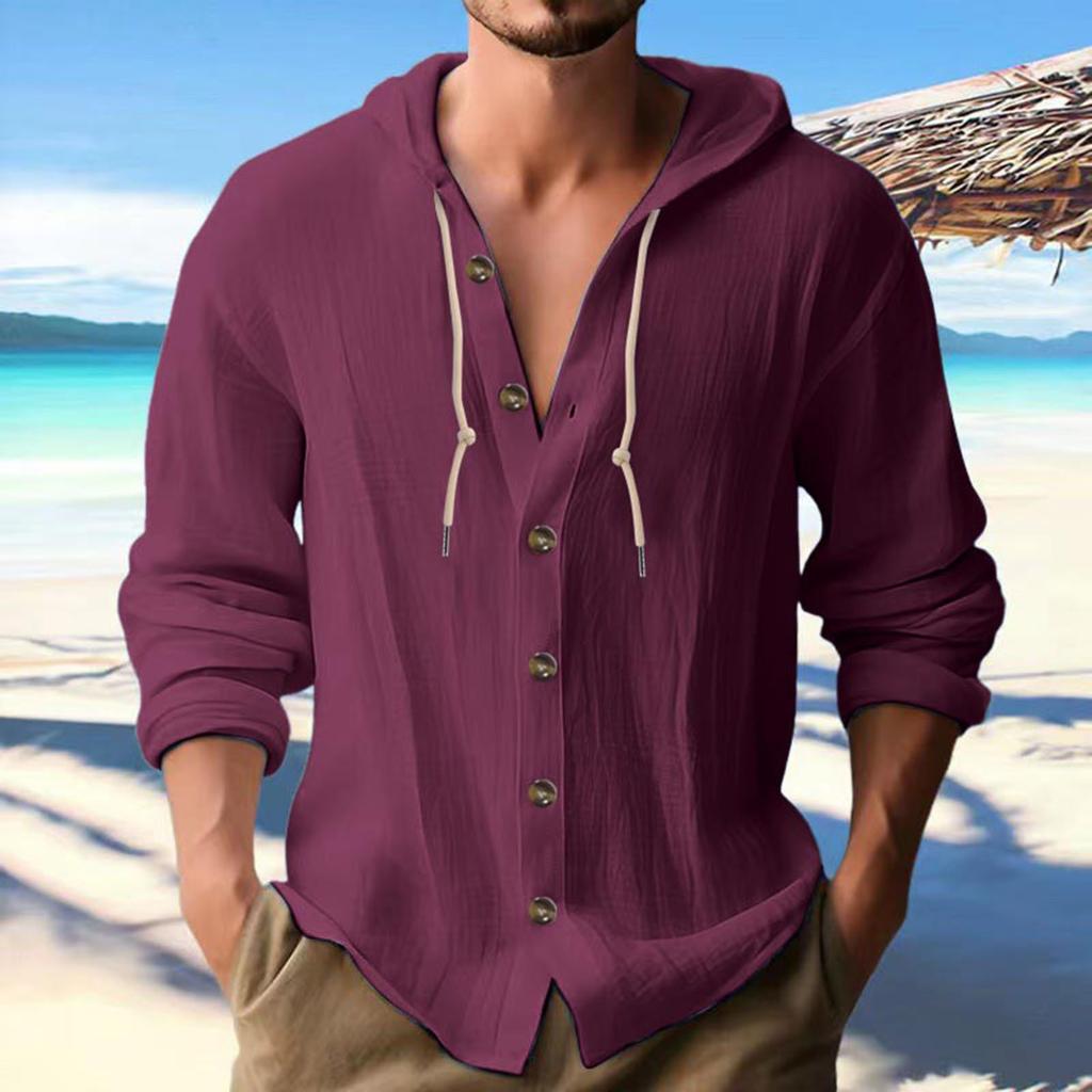 Mens Fashion Casual Solid Color Simple Casual Button Hooded Shirt Top Casual Commuting Short Sleeved Shirt