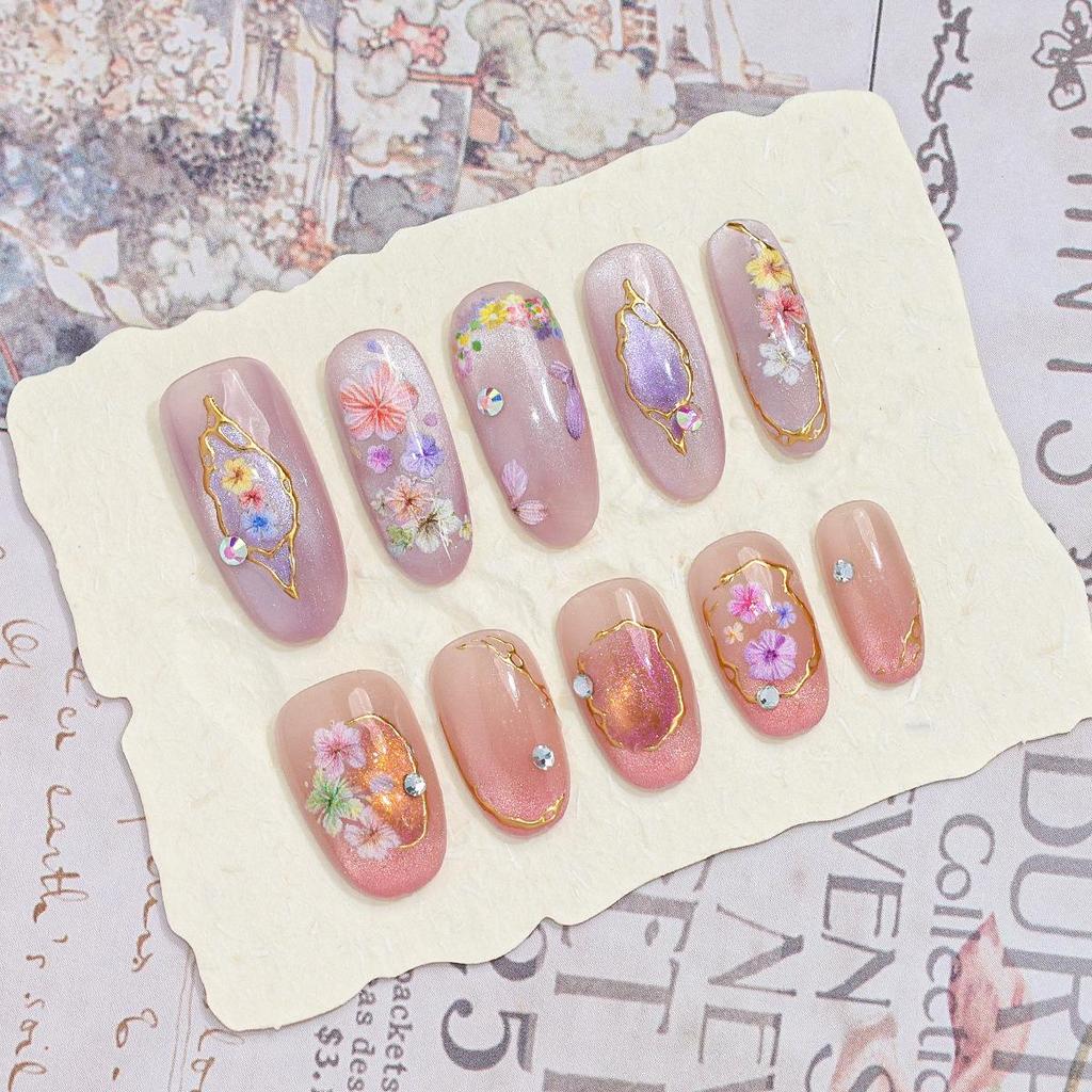 3D Gilded Dried Flower Nail Art Stickers - Retro Light Luxury with Gold Line