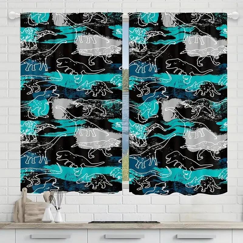 2 pieces - Geometric pattern Jurassic dinosaur printed curtains   window decorations   home decorations   room decorations