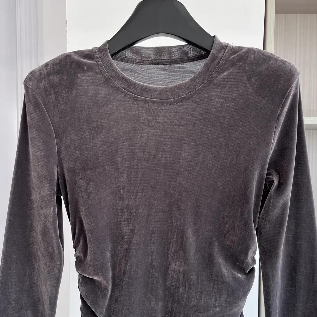 Damen Luxe Samt Langarm-T-Shirt – 2026 Rundhals Schmale Passform für den frühen Frühling/Herbst