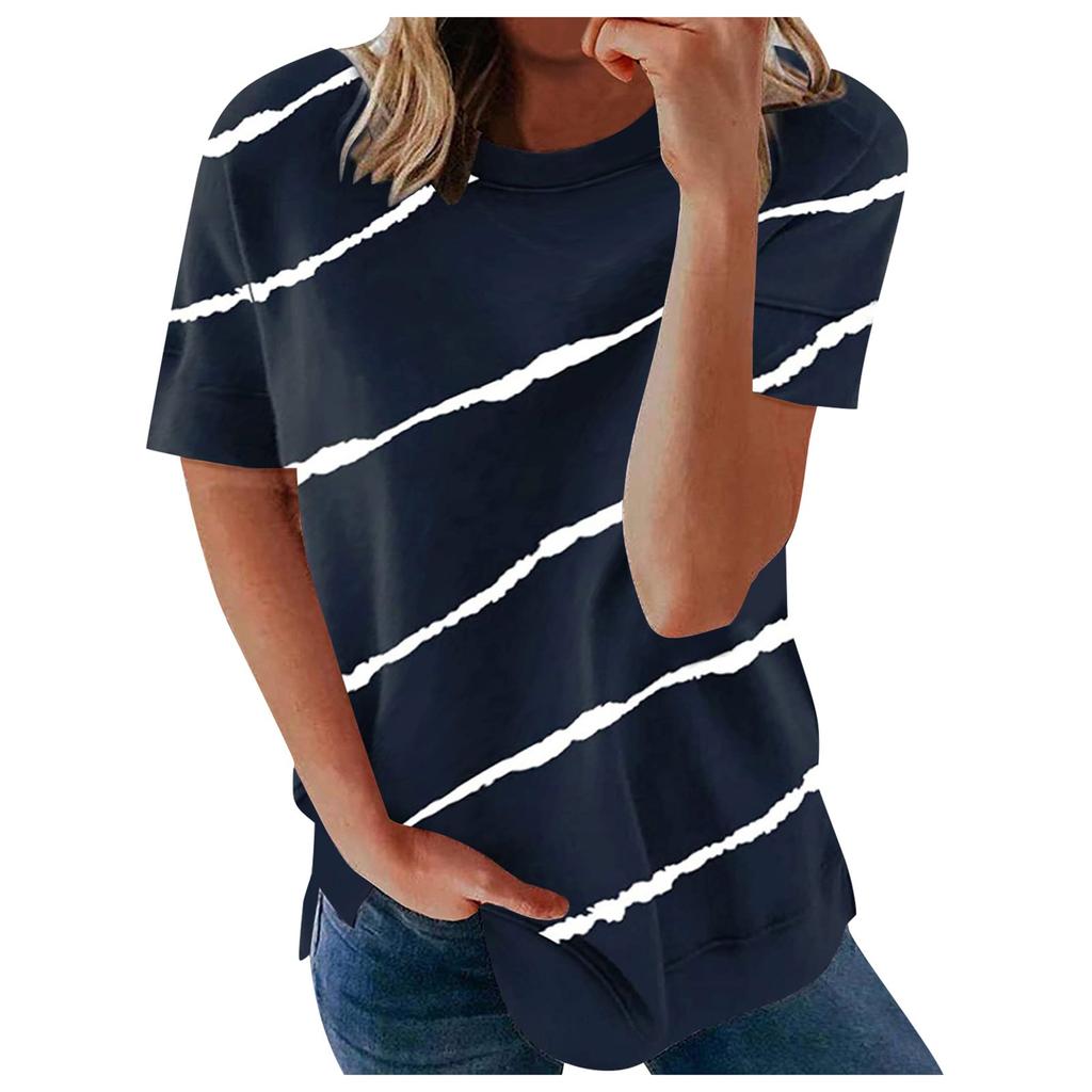 Women's Casual Fashion Short-Sleeved Stitching Round Neck Pullover Thin T-shirt