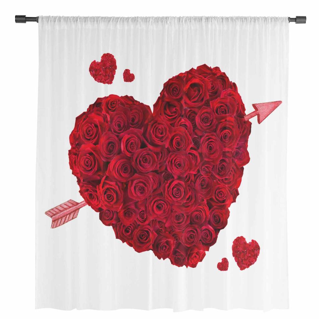 Valentine'S Day Red Flower Rose Heart White Sheer Curtains for Living Room Decor Window Curtains Kitchen Tulle Voile Curtains