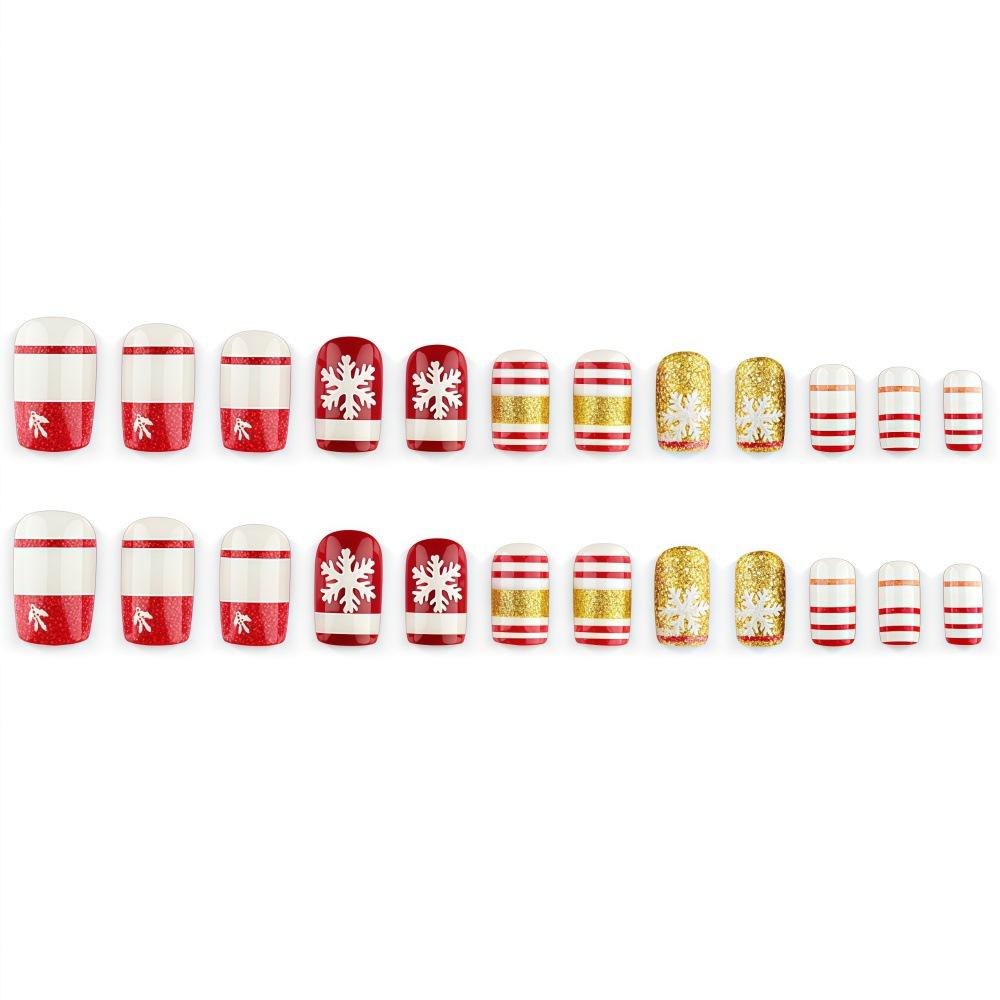 Weihnachts-Kurz-Quadrat-Tragbare Nägel Rot und Weiß Zuckerstange Gold-Glitzer Schneeflocke Weihnachts-Maniküre Abnehmbare Falsche Nägel