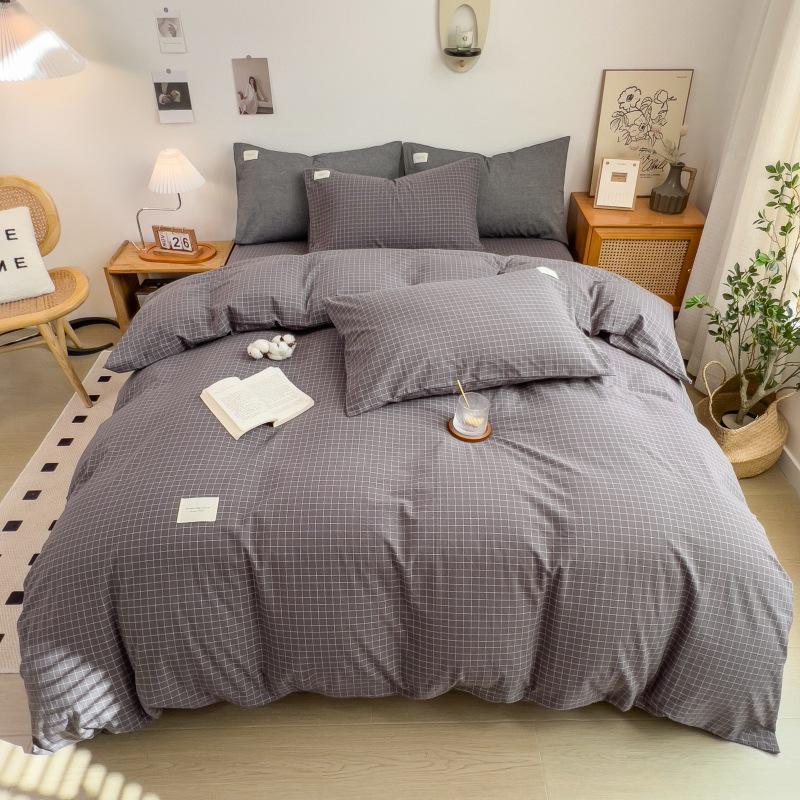 Muji-Inspired Plaid Water-Washed Cotton Duvet Cover Set - Minimalist Brushed Four-Piece Bedding Set