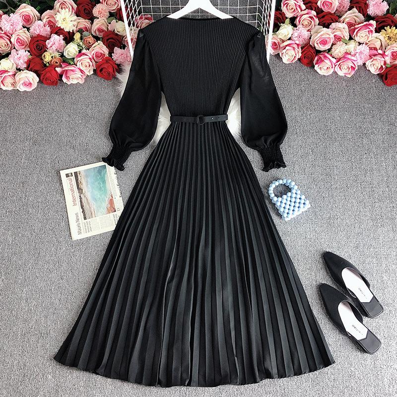 Spring Autumn Women Elegant Long Sleeve A-line Dress Office Lady High Waist Solid Pleated Dress