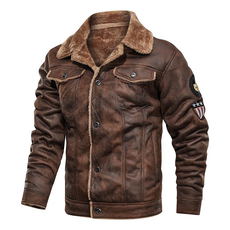 Spring and Autumn New Velvet Trend Loose Leather Jacket Men's Locomotive Clothing Pilot Leather Jacket PU Leather Jacket