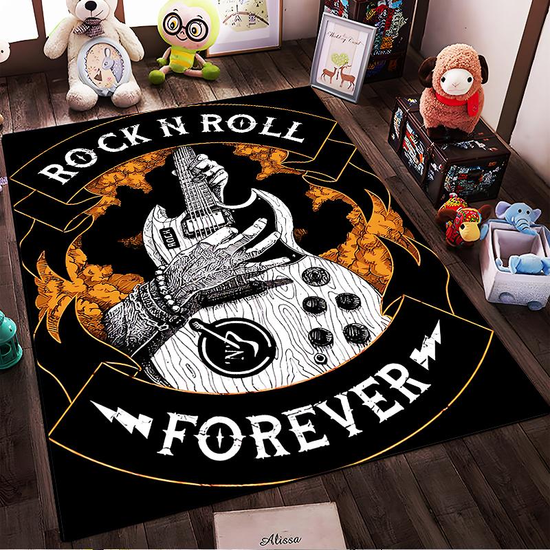 "Rock N Roll Forever Guitar Hand Print Carpet, Black Orange Design" Suitable for use as an anti-slip for living room bedroom sofas