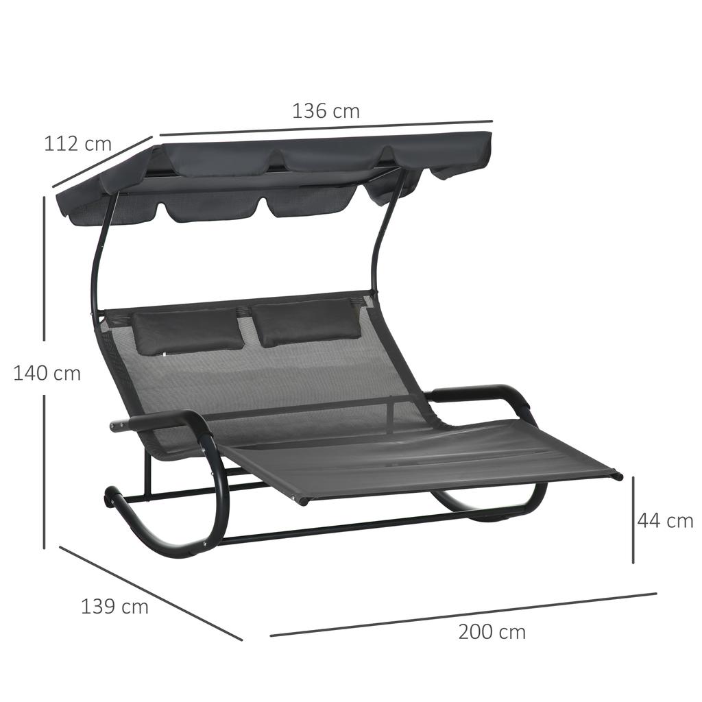 Double Sun Lounger for 2 People, Incl. Cushions and Canopy, 200 Cm X 139 Cm X 140 Cm. Dark Gray