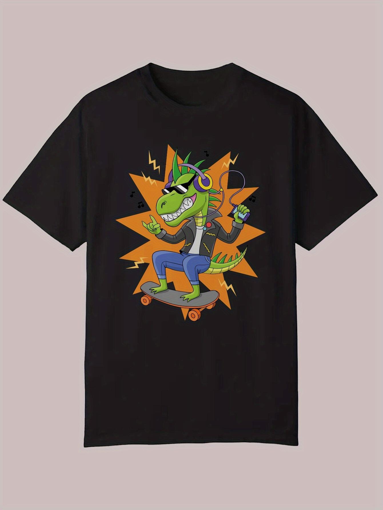 

Casual Summer T-shirt - Black Polyester Crew Neck with Vibrant Cartoon Lizard Skateboarding Graphic XXXXL