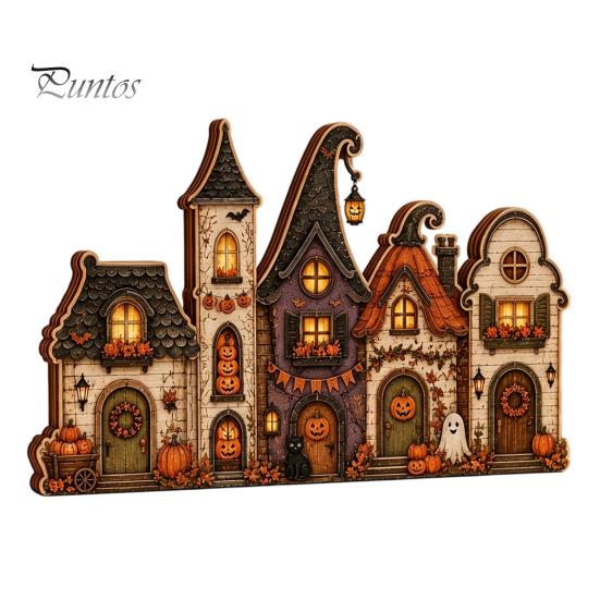 Small Wooden Village Set Halloween Retro Haunted Tabletop Decor, Fall Farmhouse Witch Autumn Theme Interior Ornaments House Ornament, Ghost