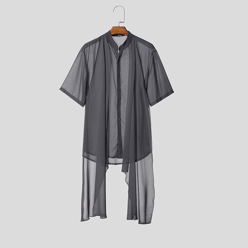 INCERUN Men Stand Neck Short Sleeve Double Layers Buttons Mesh Sheer Casual Shirts