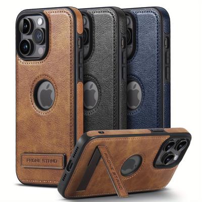Stoßfeste Lederhülle für iPhone 17 16 15 14 13 Pro MAX, Schutzhülle, Schlank, mit Ständer, Unsichtbarer Ständer
