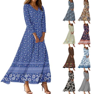 Dresses For Womens Vintage Flower Tunic Waisted Midi Dress Summer Casual  3/4 Sleeve Dress