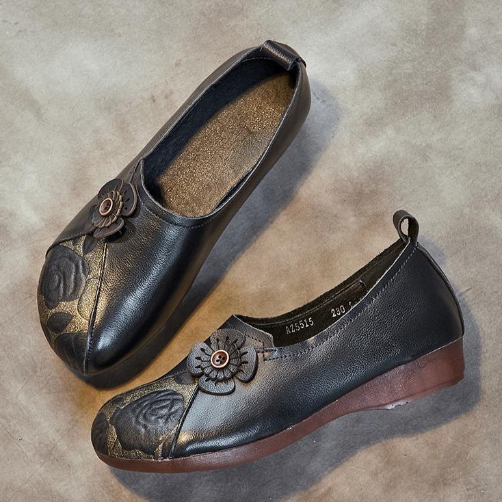 Johnature Damen-Schlupfschuhe aus echtem Leder im ethnischen Stil mit Retro-Druck, handgefertigte flache Schuhe mit weicher Sohle