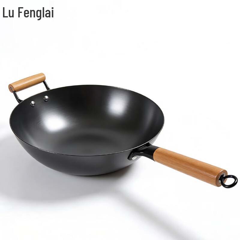 Чугунный вок Lufenglai с ручкой из массива дерева 32CM
