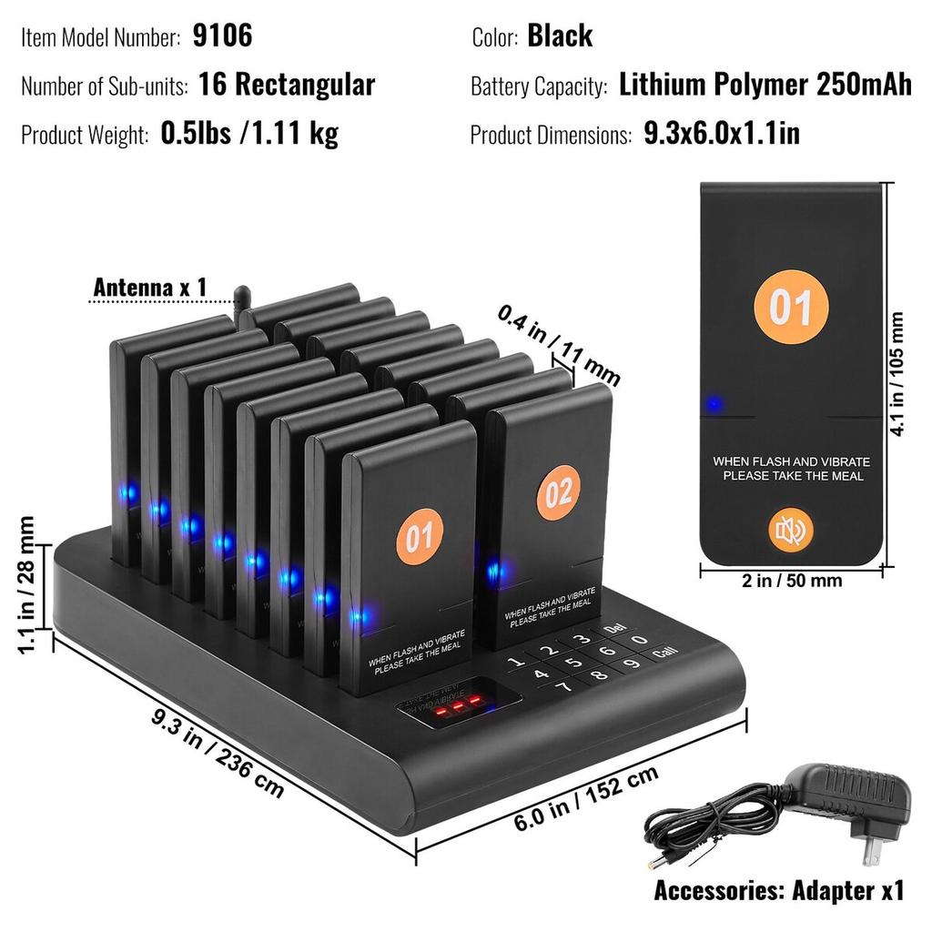 Restaurant-Pager-System, Kabellos 500m Reichweite Aufstell-Warteschlangen-Signal, Gäste-Kunden-Ruf-Piepser mit Vibration & Blinken, 16 Piepser