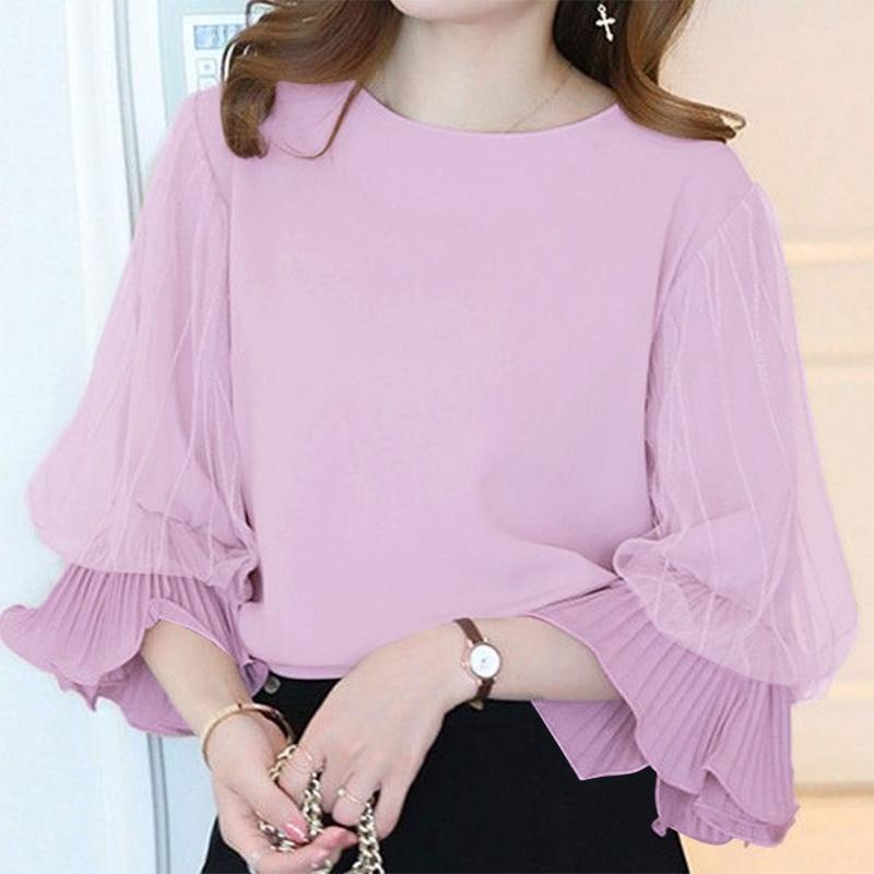 

ZANZEA Женские весенние блузки с круглым вырезом и рукавом-фонариком 3/4 из сетчатой ткани в складку розовый