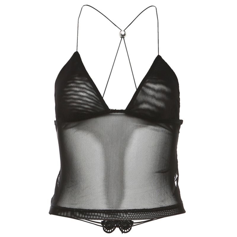 Kkx American Style Sexy Style Mesh See-through Hollow Backless Bow Suspenders Vest Street Sexy Slim Looking Tops