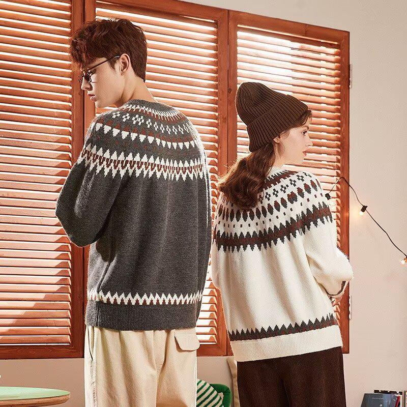 Japanese Men's Winter Zipper Cardigan - Color Block Jacquard Knitwear