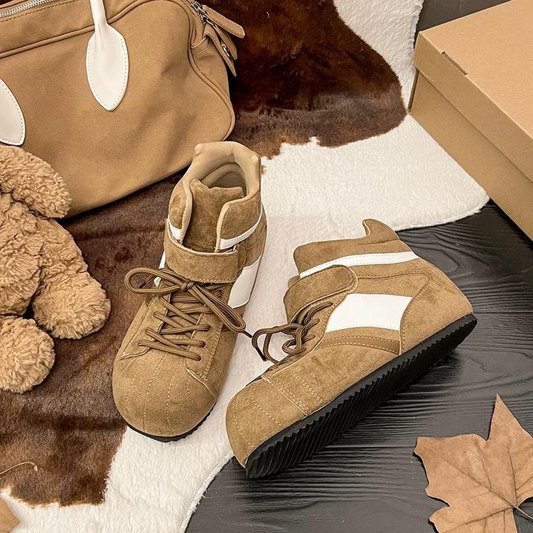 Big head velvet warm platform German training shoes, new retro lace-up high-top casual shoes in autumn and winter 35