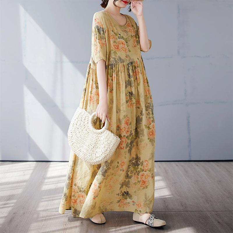 DIMANAF 2025 Summer Plus Size Dress Basic Women Vintage Casual Loose O-Neck Long Floral Printing Dress Maxi