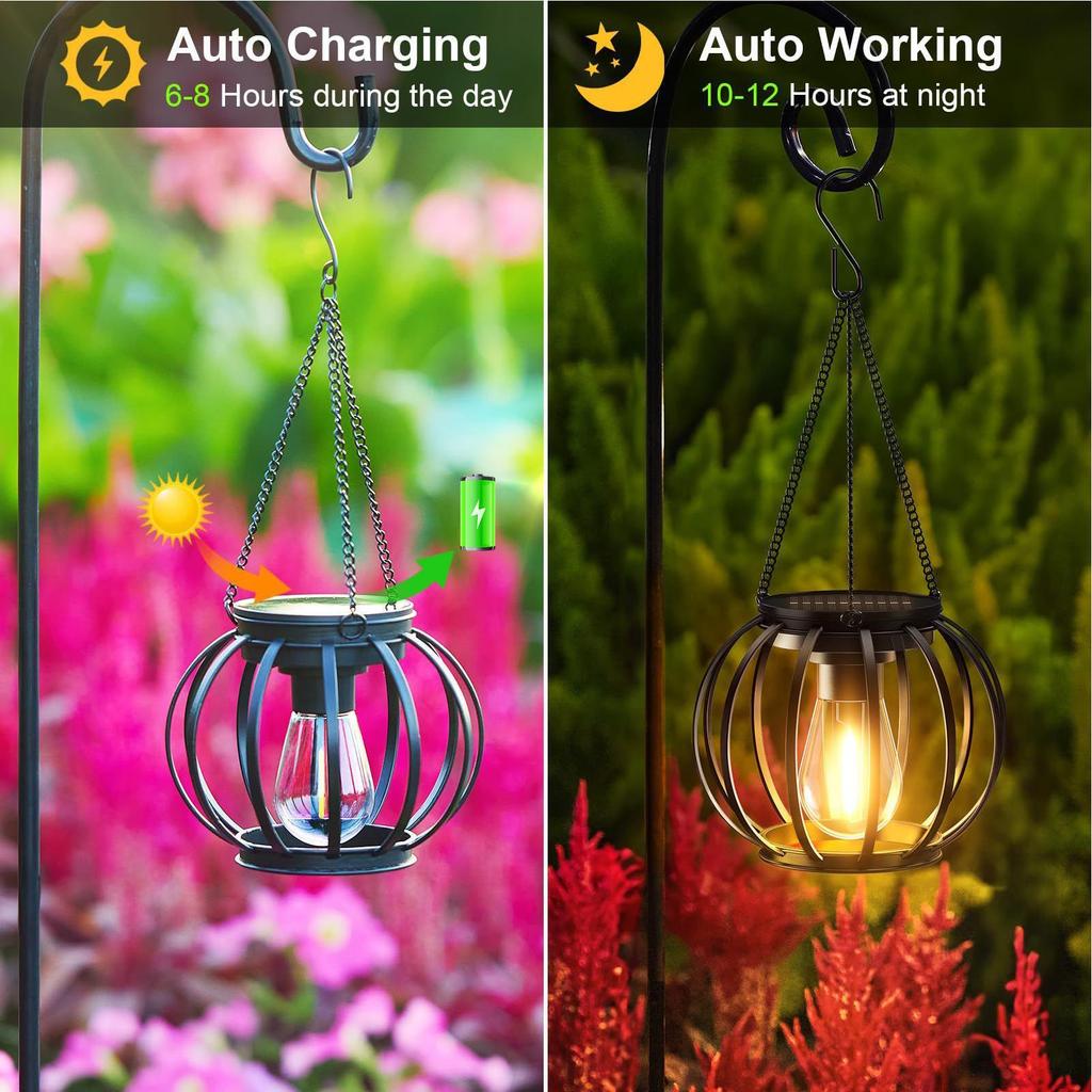 Solar Lantern 2 Piece Waterproof Light With Hook And Chain Solar Lanterns Outdoor Waterproof For Balcony Backyard Patio Driveway