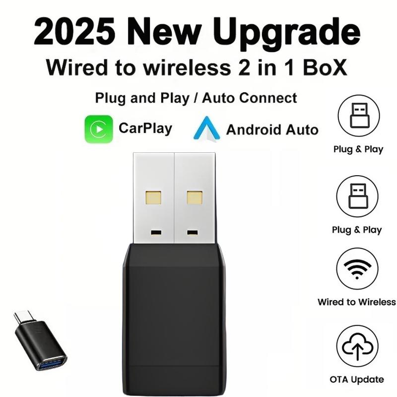 2 in 1 Wired to Wireless Car CarPlay Adapter Android Auto AI Box Play & Plug for OEM Wired CarPlay AA Navigation System