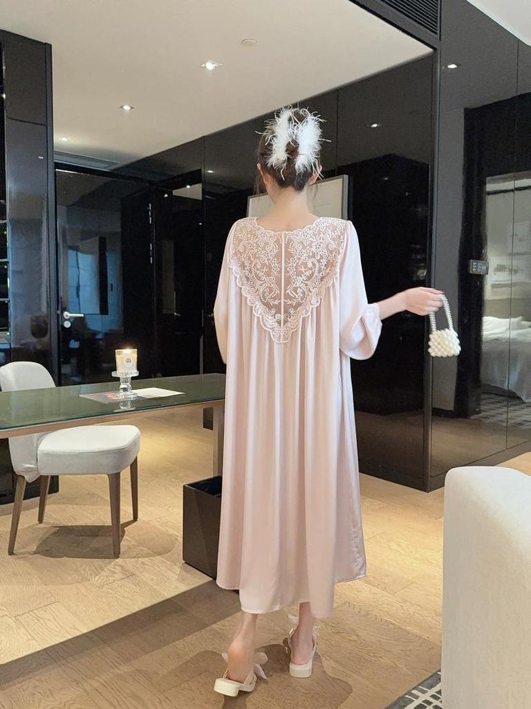 2026 Ice Silk Long Sleeve Nightgown for Women - Plus Size, Sexy French Style