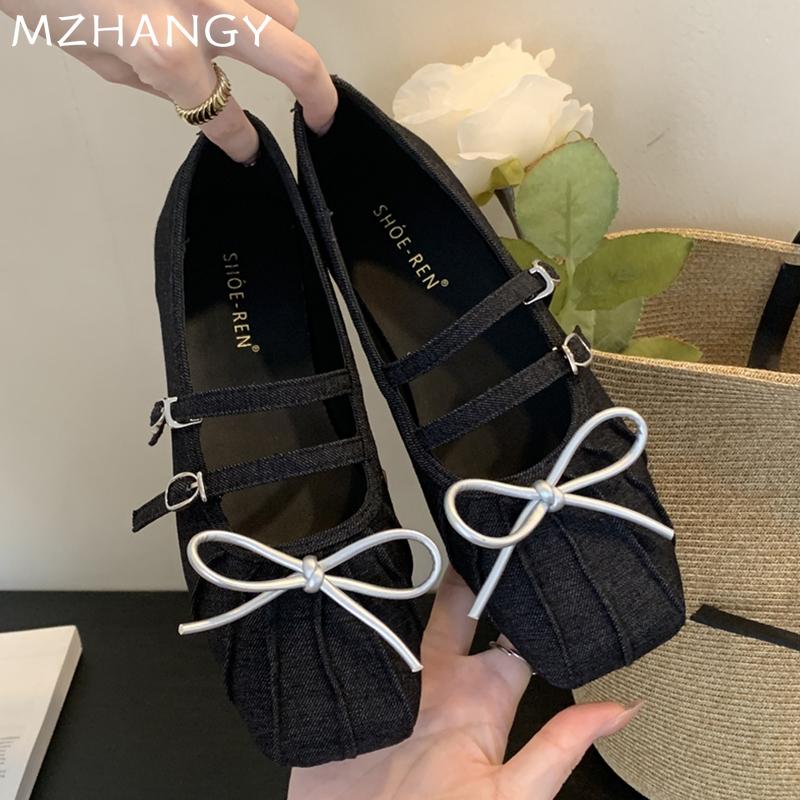 Fashion Bow Flats Women Ballet Dance Shoes Square Toe Shallow Fashion Mary Jane Shoes 2024 Brand Autumn Soft Designer Chaussure Femme