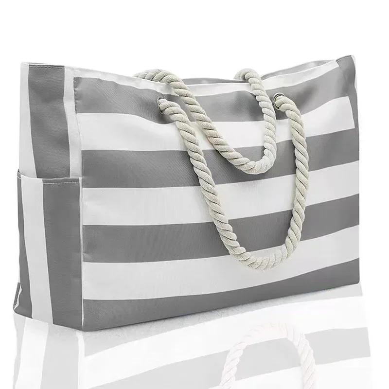 Beach Bags for Women Waterproof Stripes Tote Bag with Zipper Shoulder Bags Waterproof Sandproof Swim Pool Bag Large Tote