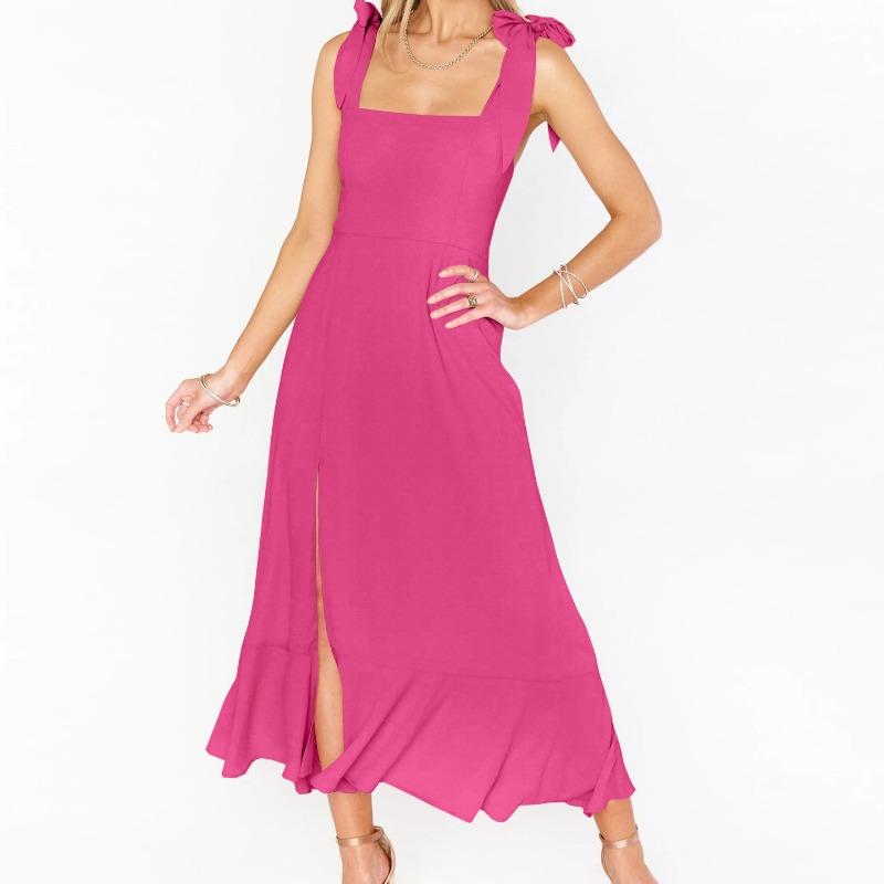 Summer Women's Pullover Hanger Strap Off Shoulder One Line Neck Lace Up Bow Tie Solid Color Split Fashion Casual Sexy Dresses