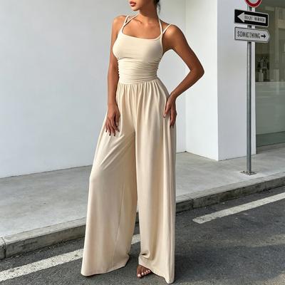 Women's Summer Jumpsuit Sleeveless Spaghetti Strap One Piece Outfits Casual Wide Leg Long Pants Rompers
